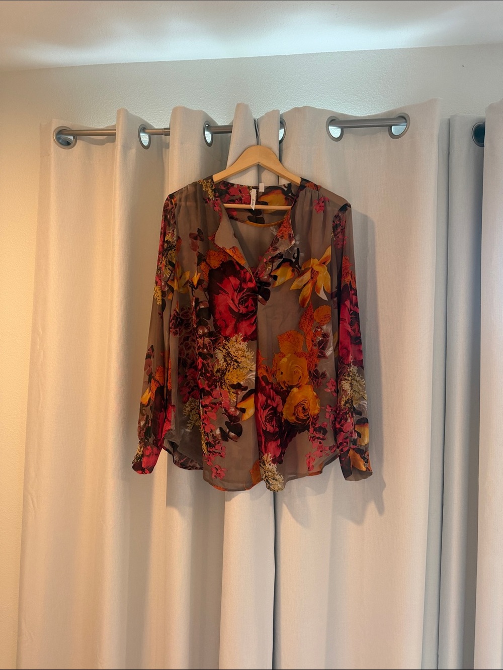 Bellatrix Taupe Sheer Blouse with Pink & Yellow Floral Pattern